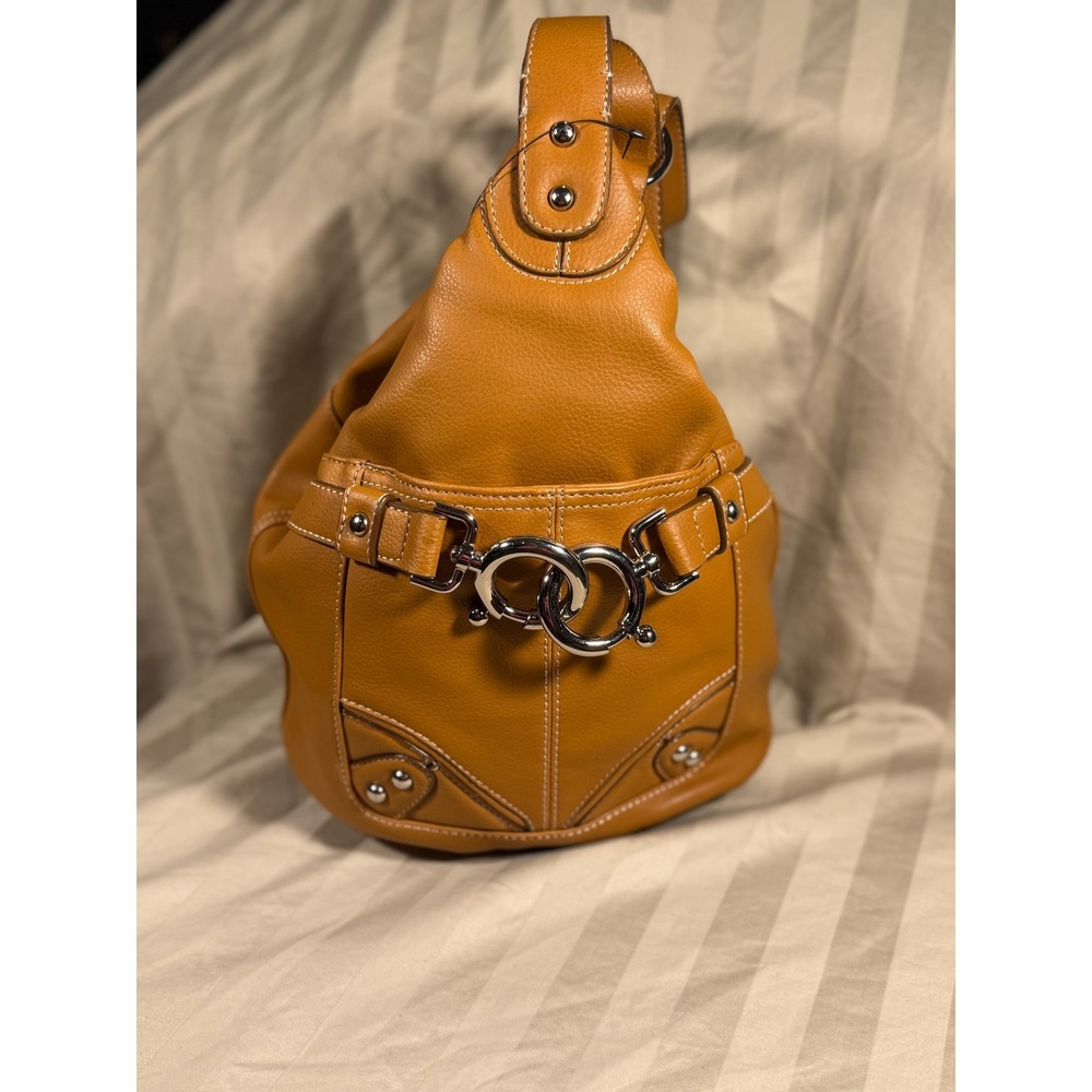 Nine West Tan Pebbled Faux Leather Sling Backpack Silver Hardware Cognac Bag